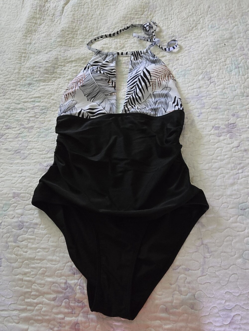 Two One Piece Leaf Print Halter Swimsuits